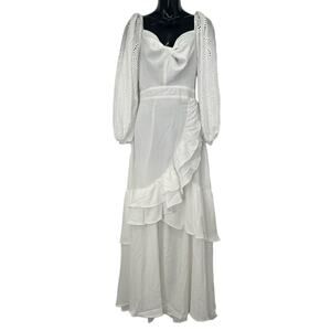 Chicways White Eyelet Maxi Dress Front Diagonal Ruffle Size Medium